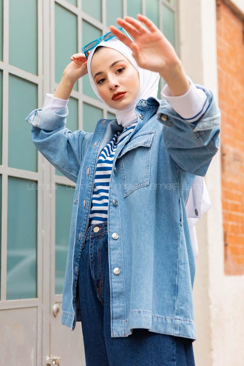 Modalamelif Kapak Cepli  Kot Ceket  Açık Mavi