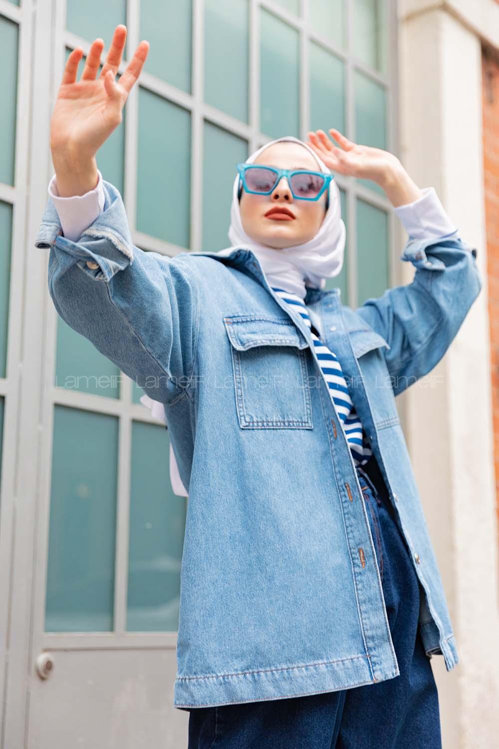 Modalamelif Kapak Cepli  Kot Ceket  Açık Mavi