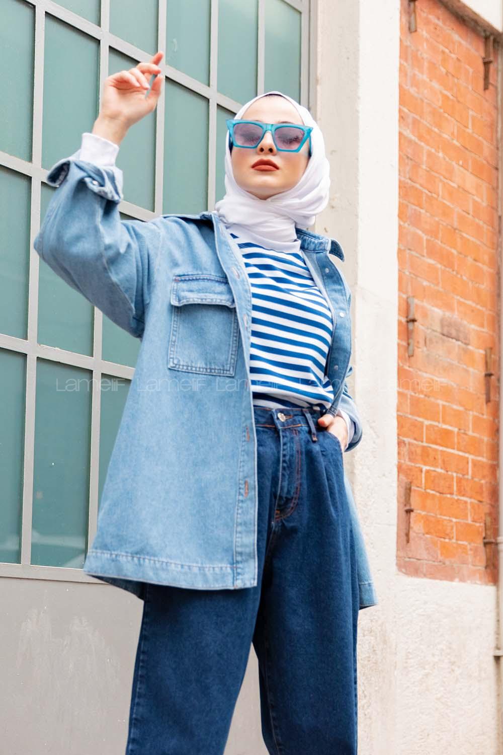 Modalamelif Kapak Cepli  Kot Ceket  Açık Mavi