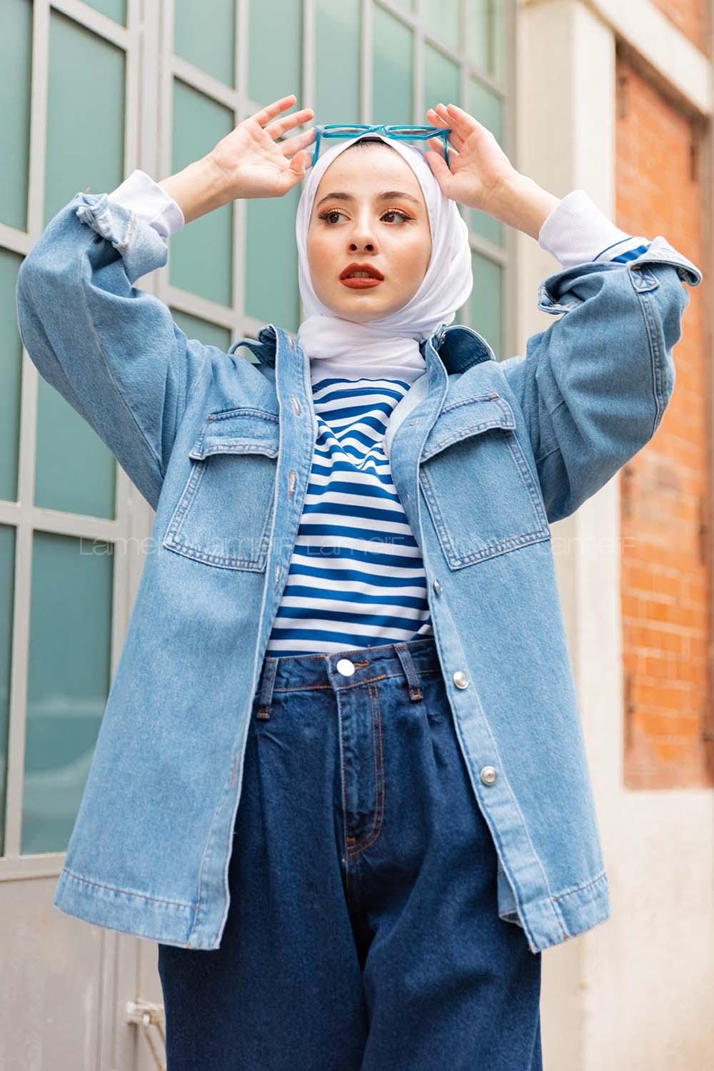 Modalamelif Kapak Cepli  Kot Ceket  Açık Mavi