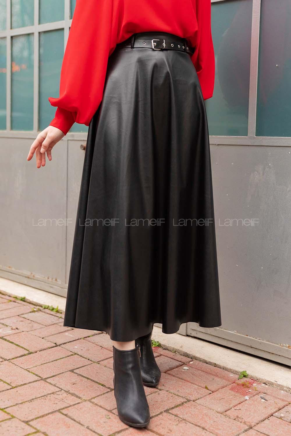 Modalamelif Kemerli Deri Çan Etek Siyah