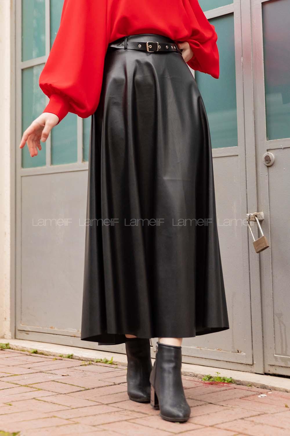 Modalamelif Kemerli Deri Çan Etek Siyah