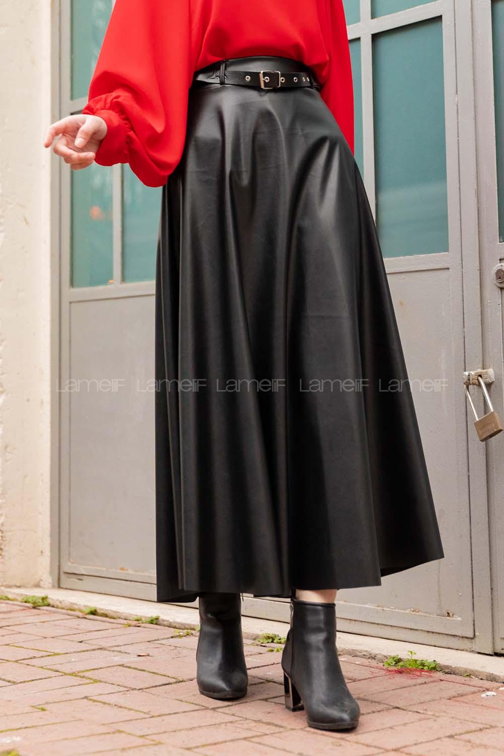 Modalamelif Kemerli Deri Çan Etek Siyah