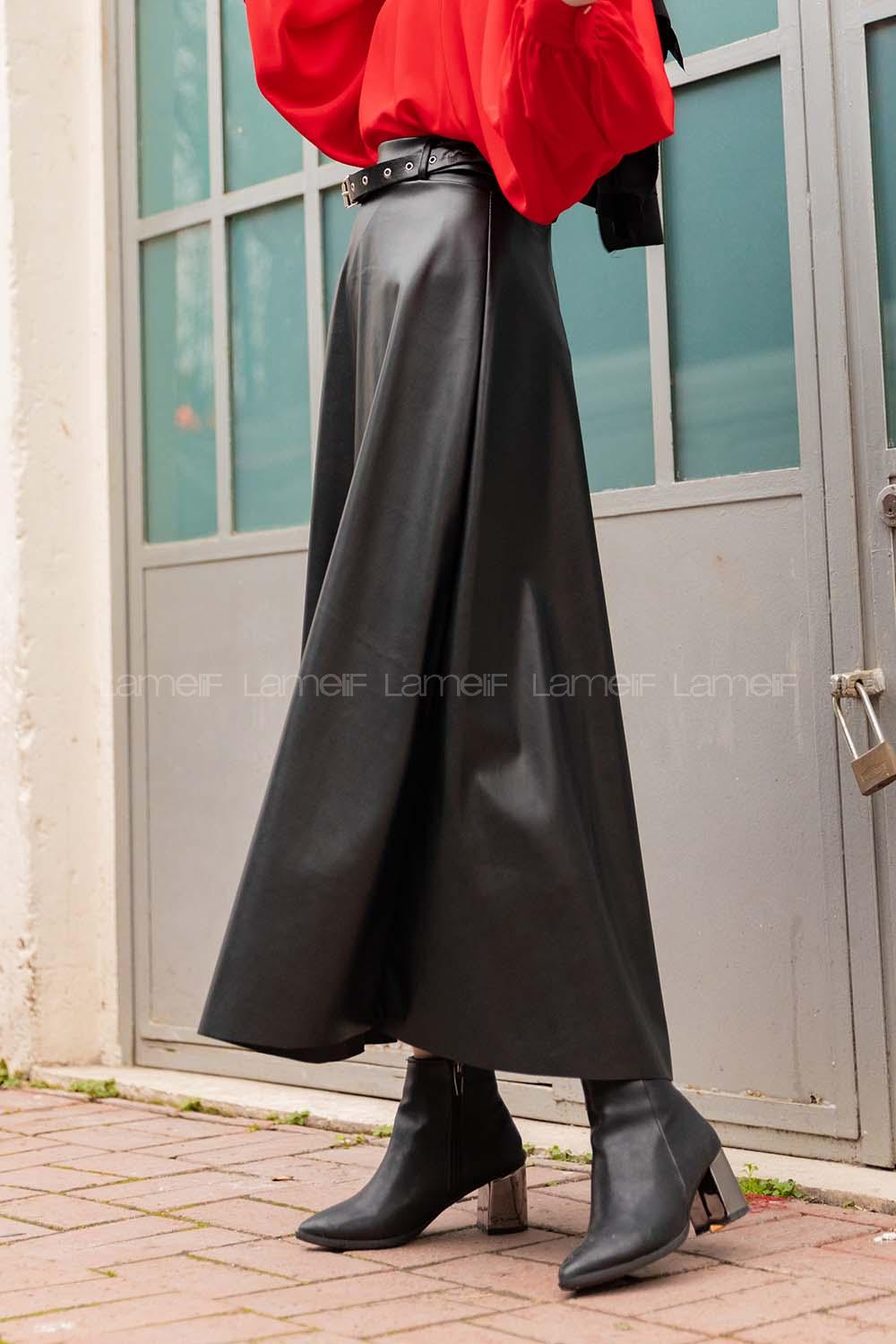 Modalamelif Kemerli Deri Çan Etek Siyah