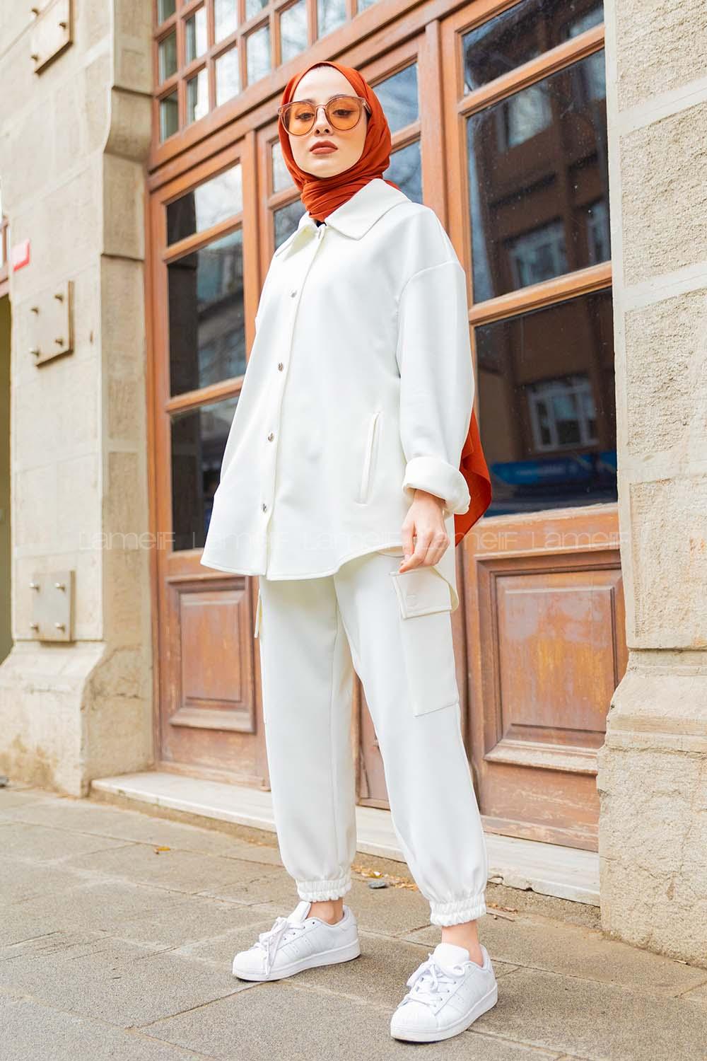 Modalamelif Önü Çıtçıt Düğmeli  İkili Takım Beyaz