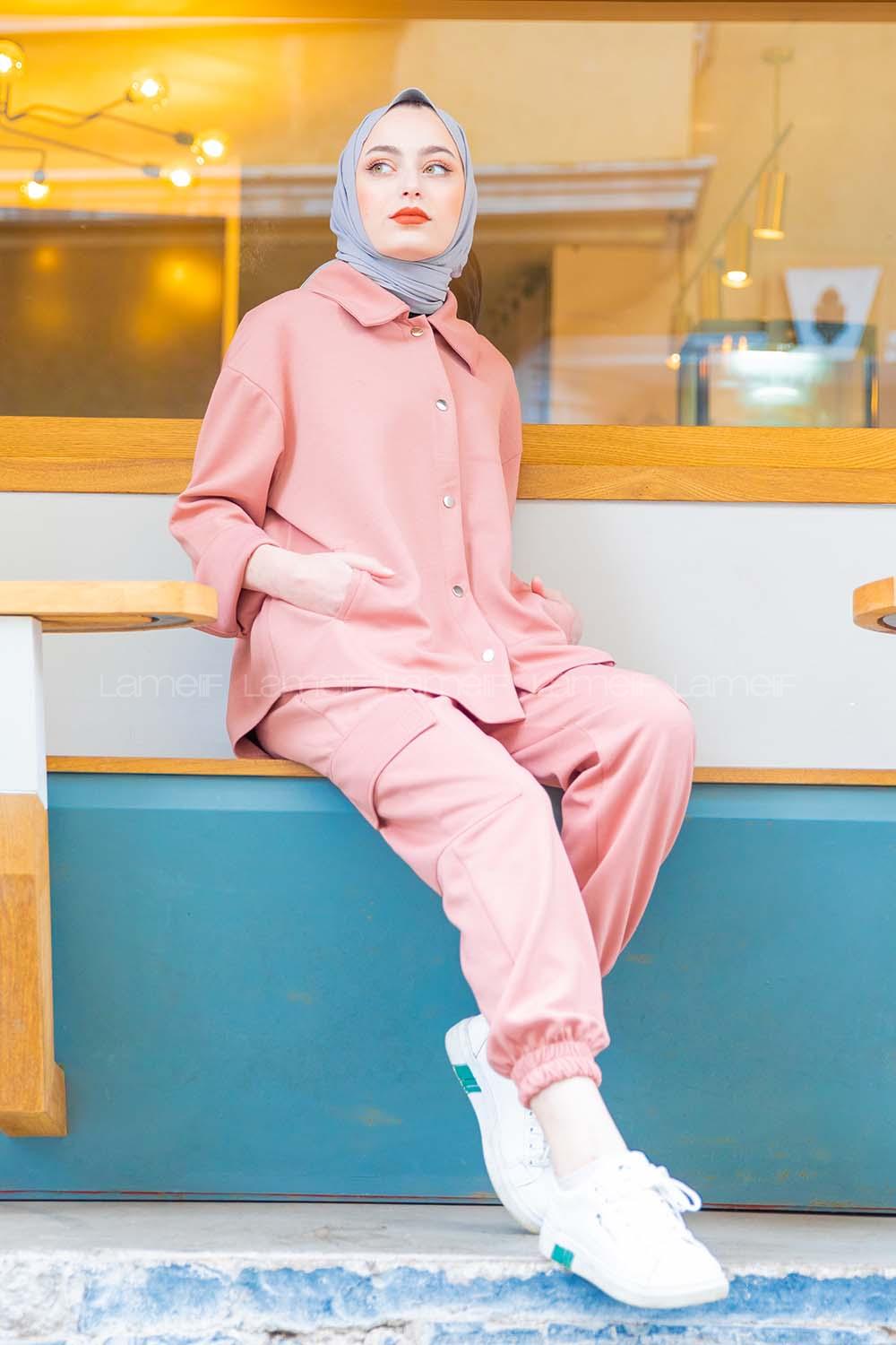 Modalamelif Önü Çıtçıt Düğmeli  İkili Takım Pembe