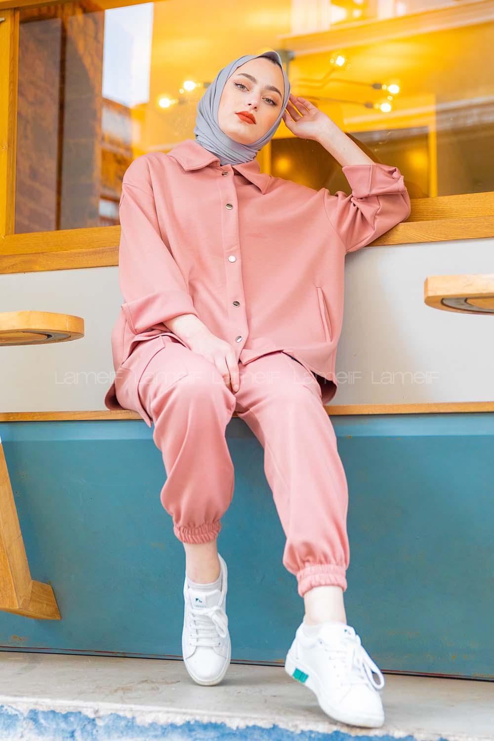 Modalamelif Önü Çıtçıt Düğmeli  İkili Takım Pembe