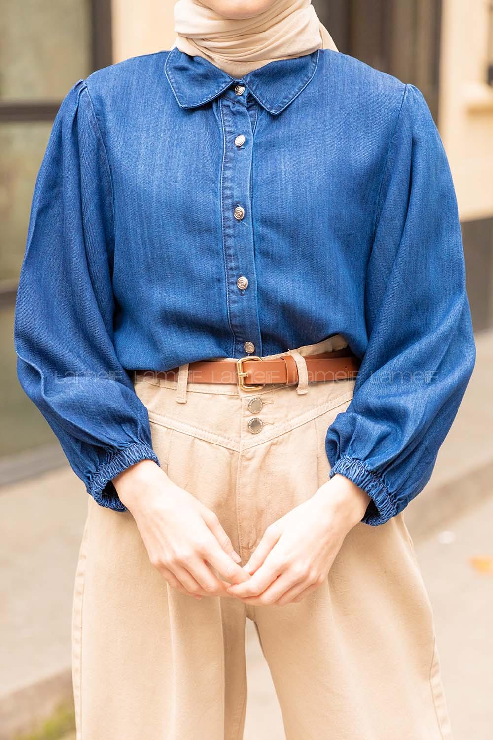 Modalamelif  Önü Düğmeli Balon Kol Kot Gömlek