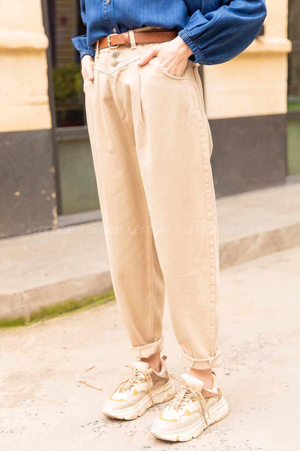 Modalamelif Paça Pensli Balon Mom Jean Taş Rengi