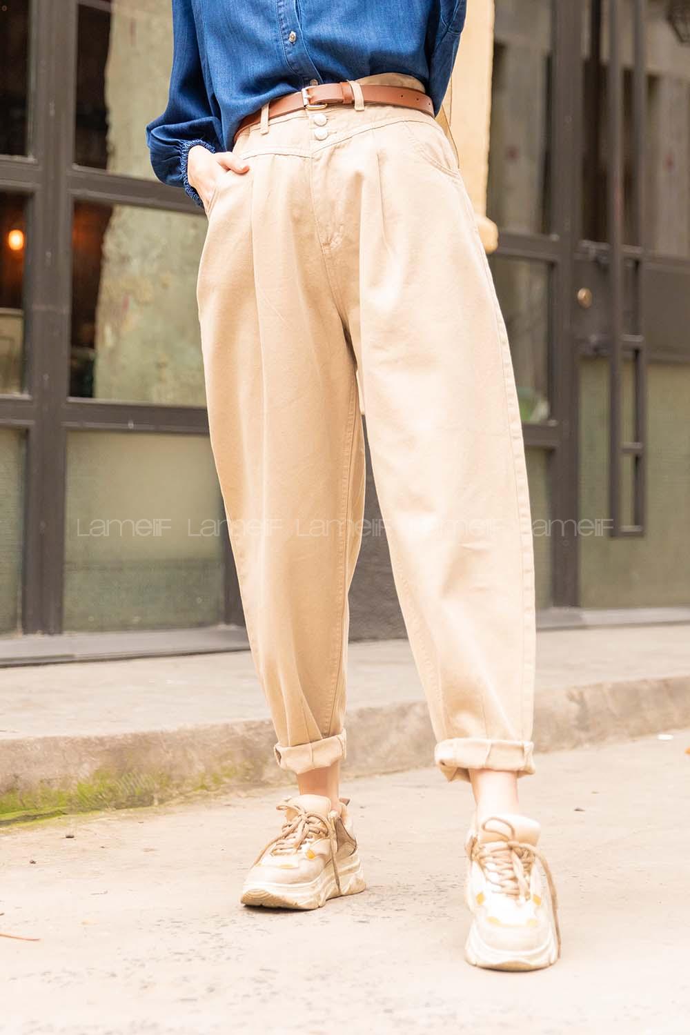 Modalamelif Paça Pensli Balon Mom Jean Taş Rengi