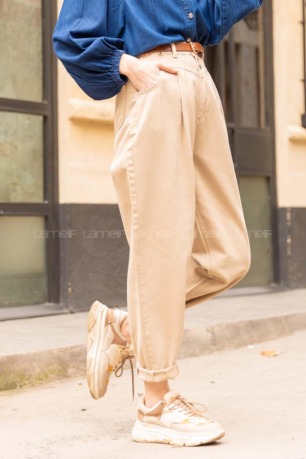 Modalamelif Paça Pensli Balon Mom Jean Taş Rengi