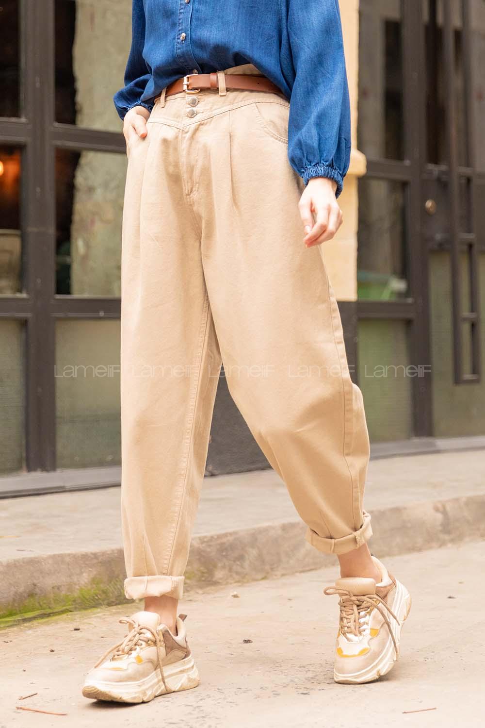 Modalamelif Paça Pensli Balon Mom Jean Taş Rengi