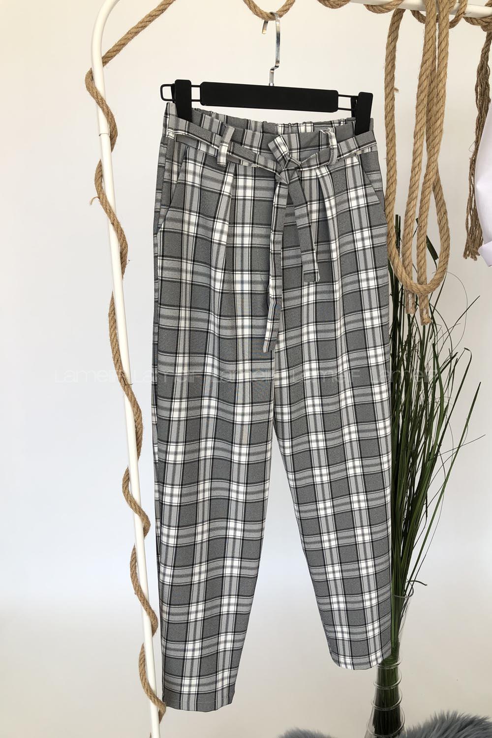 Modalamelif  Pötikare Belden Bağlamalı Ekose Pantolon Gri