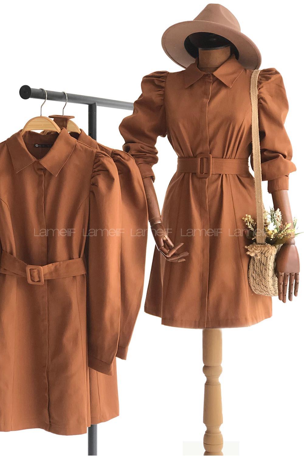 Modalamelif Kemerli Karpuz Kol  Detaylı Tunik Camel