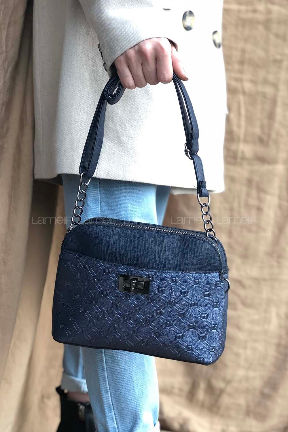 Modalamelif Deri Görünümlü Omuz Çantası Lacivert