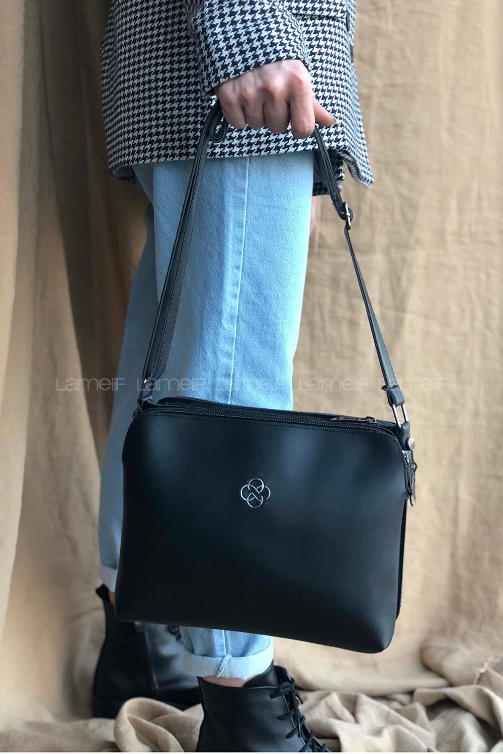 Modalamelif Düz Deri Görünümlü Askılı Omuz Çantası Siyah