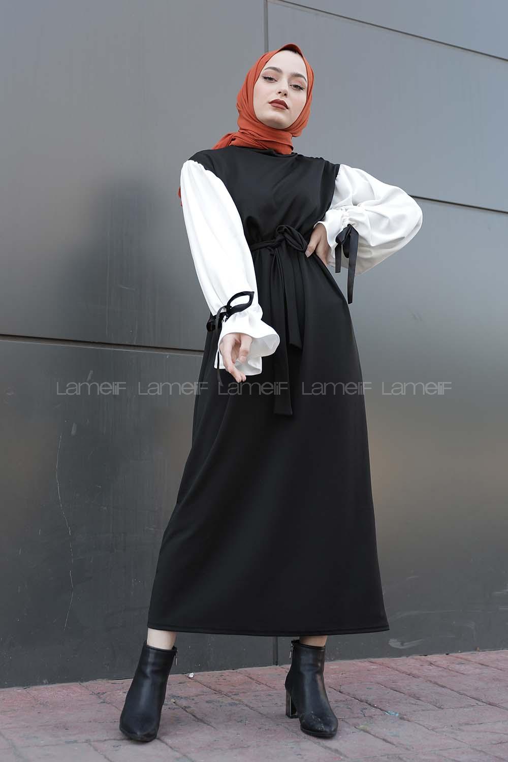 Lamelif Balon Kol Kemerli  Tesettür Elbise Siyah