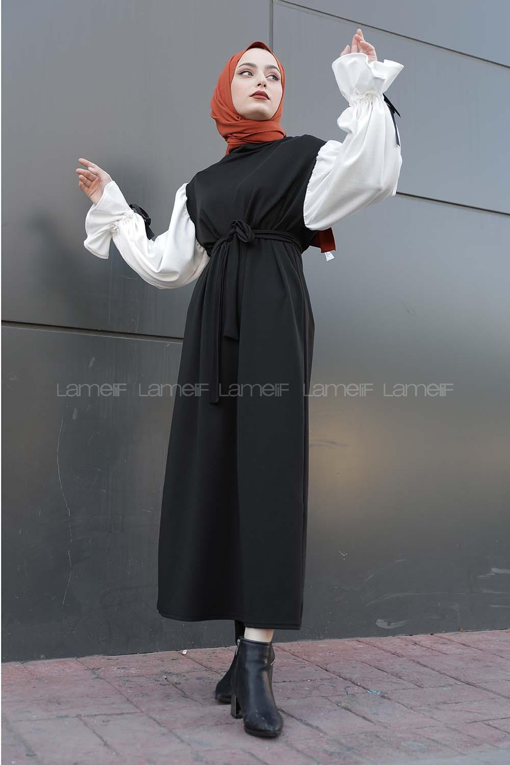 Lamelif Balon Kol Kemerli  Tesettür Elbise Siyah