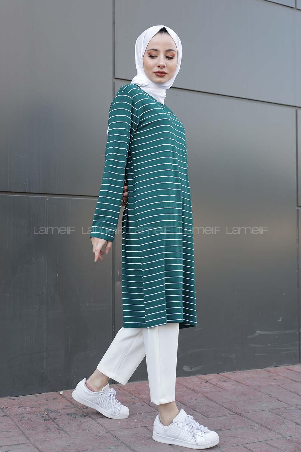 Modalamelif Basic Çizgili Tunik Zümrüt Yeşili