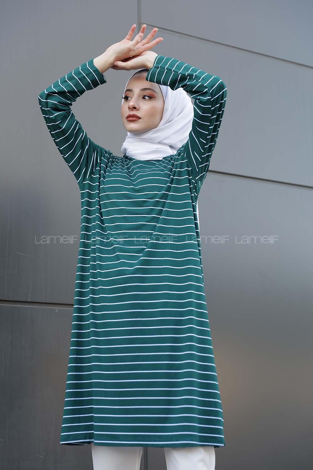 Modalamelif Basic Çizgili Tunik Zümrüt Yeşili