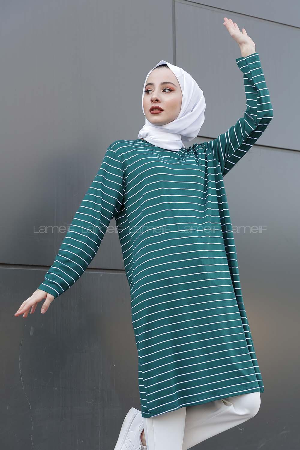 Modalamelif Basic Çizgili Tunik Zümrüt Yeşili