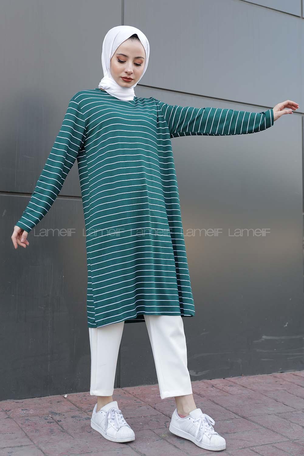 Modalamelif Basic Çizgili Tunik Zümrüt Yeşili
