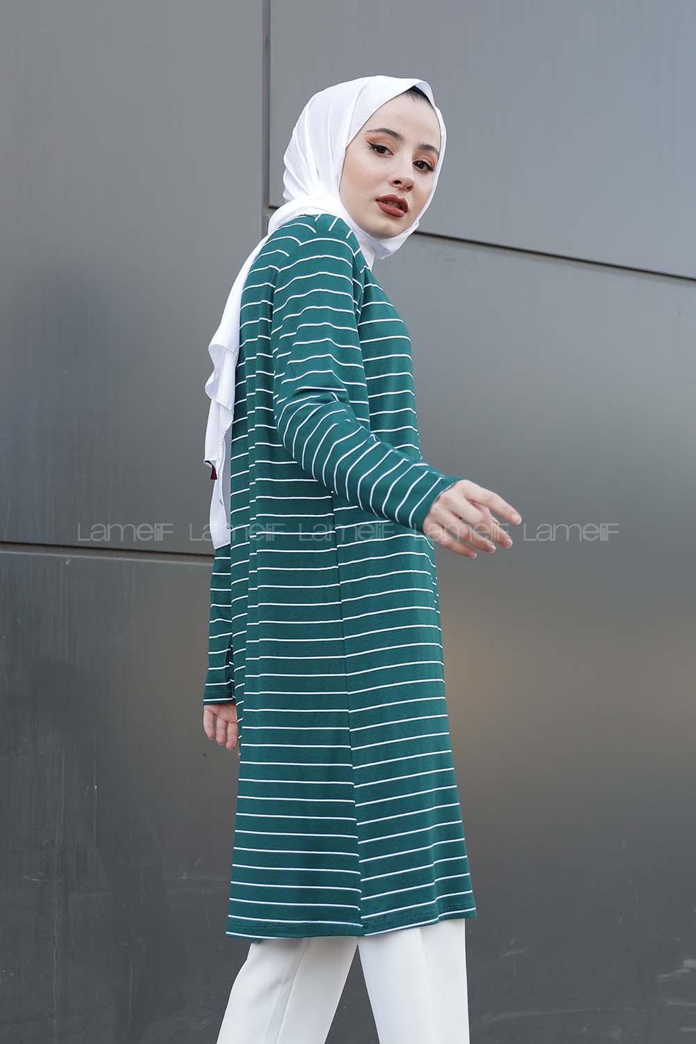 Modalamelif Basic Çizgili Tunik Zümrüt Yeşili