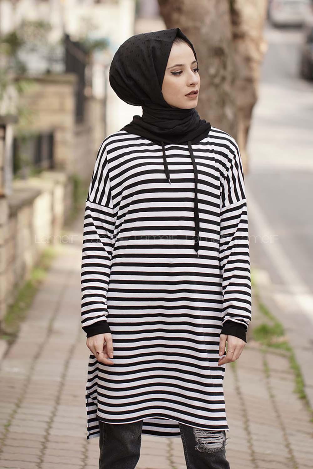 Modalamelif Beyaz Ağırlıklı Çizgili Kapşonlu Tunik