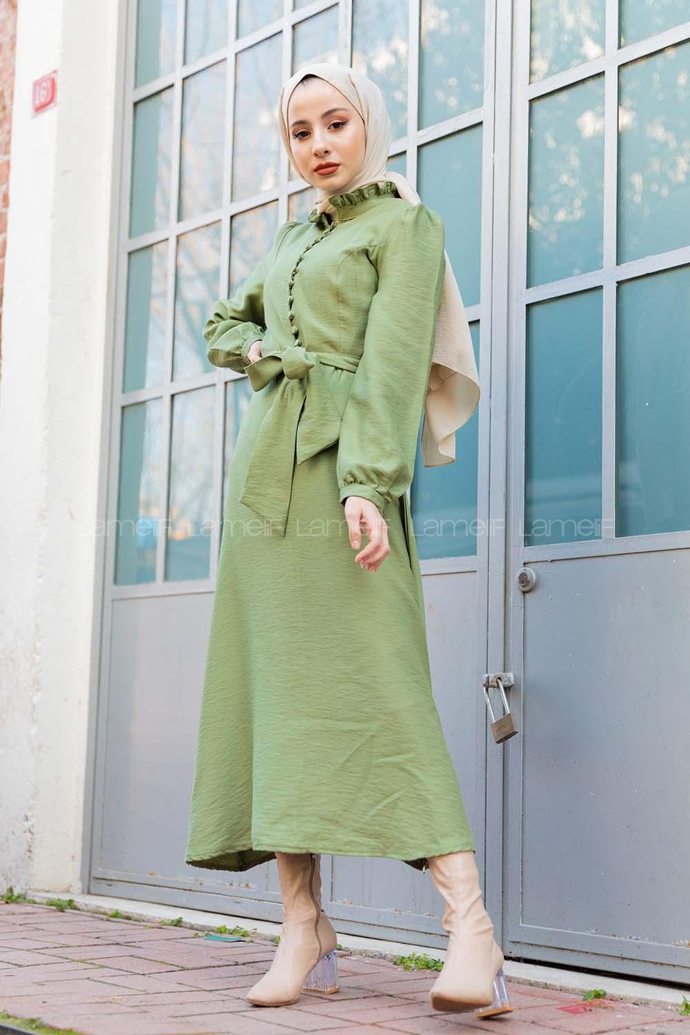 Modalamelif Fırfır Yakalı Belden Bağlamalı Elbise Haki