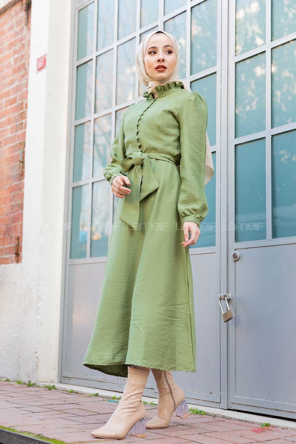 Modalamelif Fırfır Yakalı Belden Bağlamalı Elbise Haki