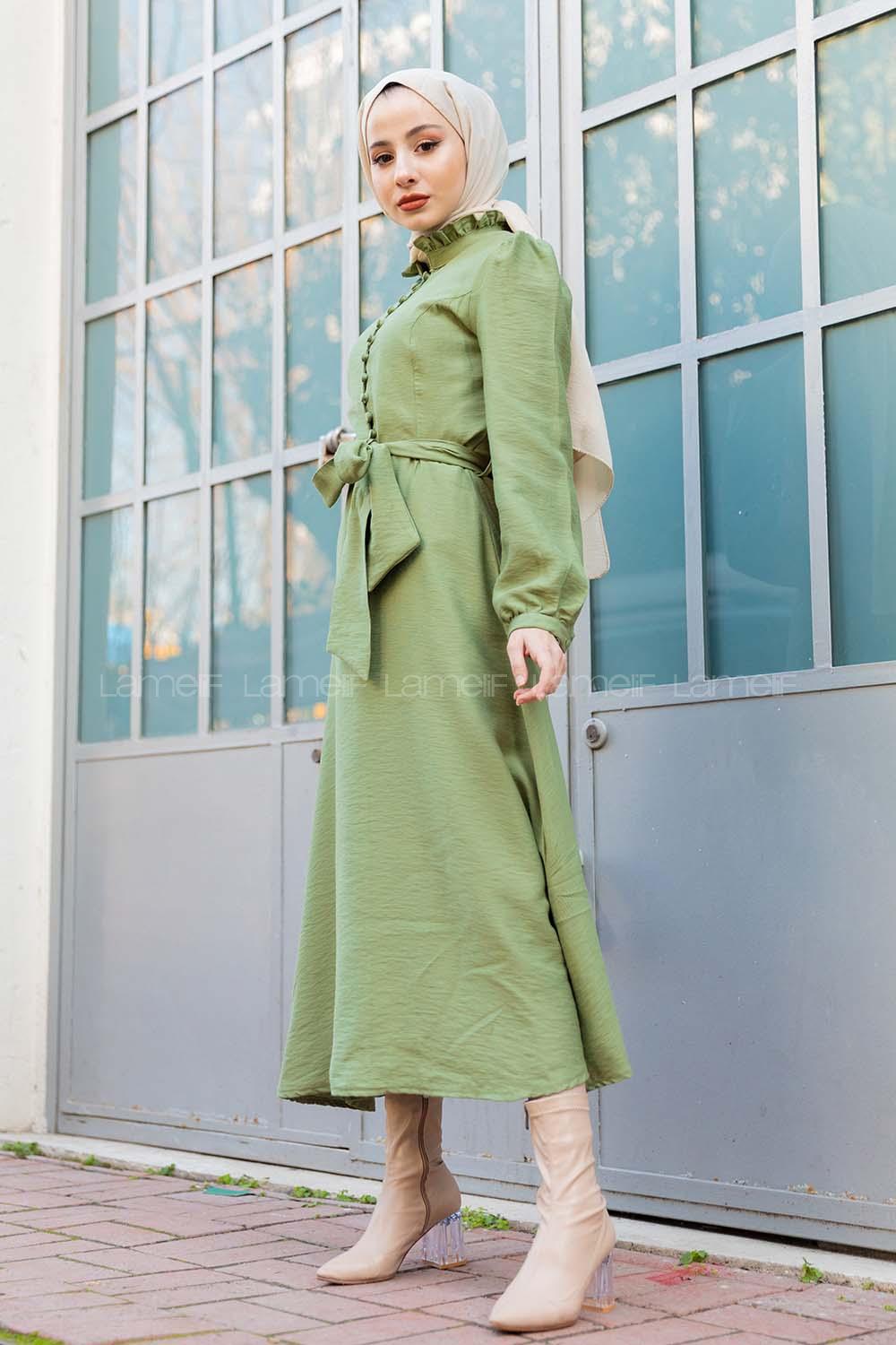 Modalamelif Fırfır Yakalı Belden Bağlamalı Elbise Haki