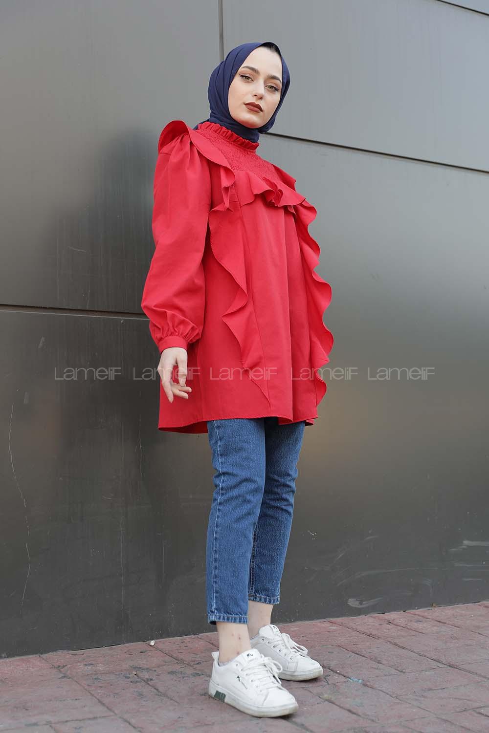 Modalamelif Fırfırlı Yaka Gipeli Tunik Kırmızı