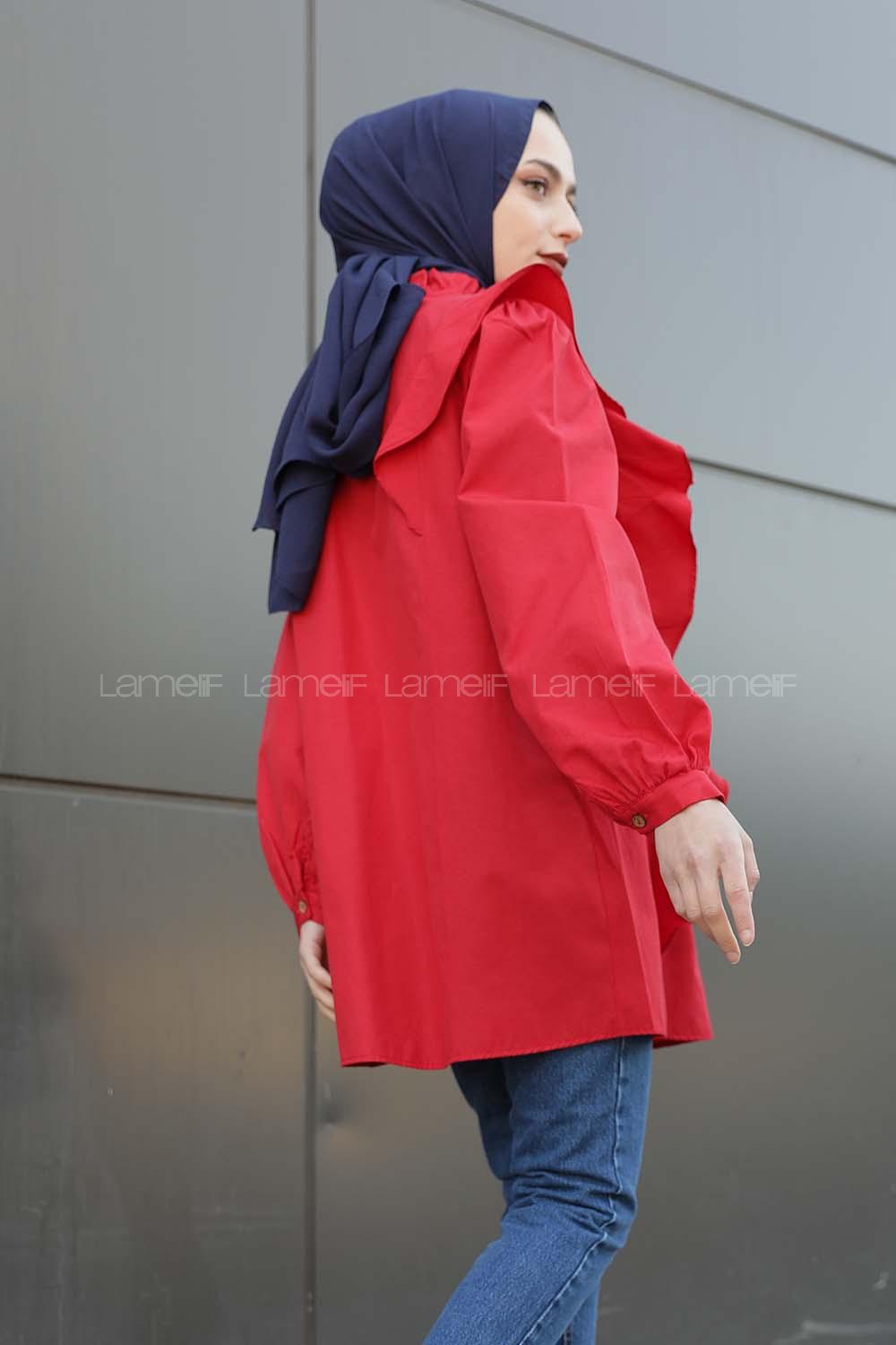 Modalamelif Fırfırlı Yaka Gipeli Tunik Kırmızı