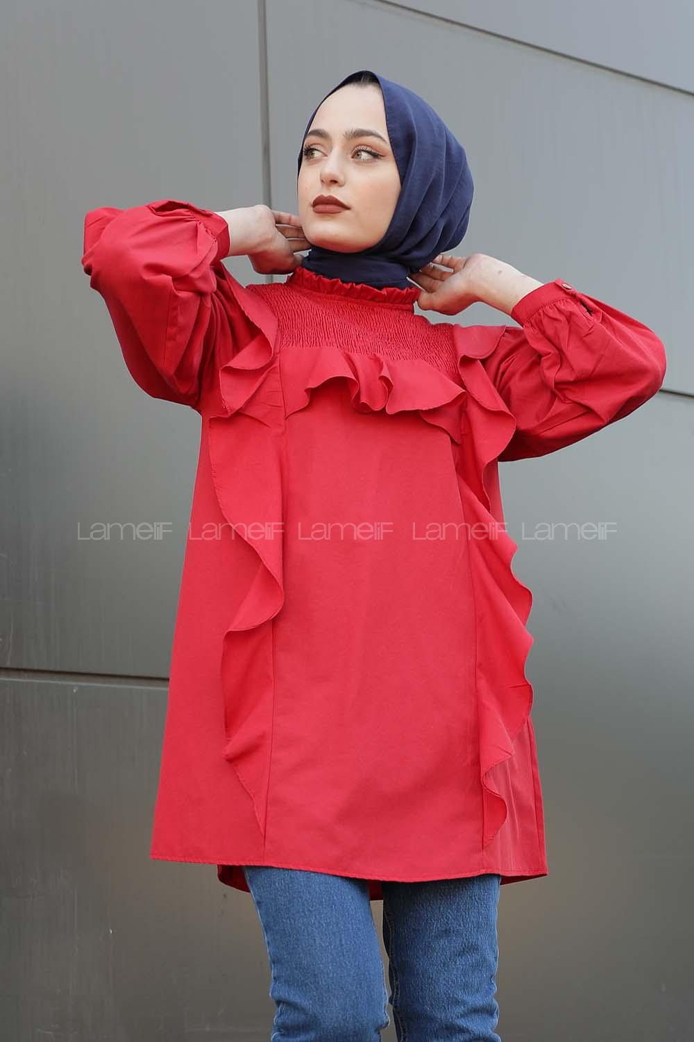 Modalamelif Fırfırlı Yaka Gipeli Tunik Kırmızı