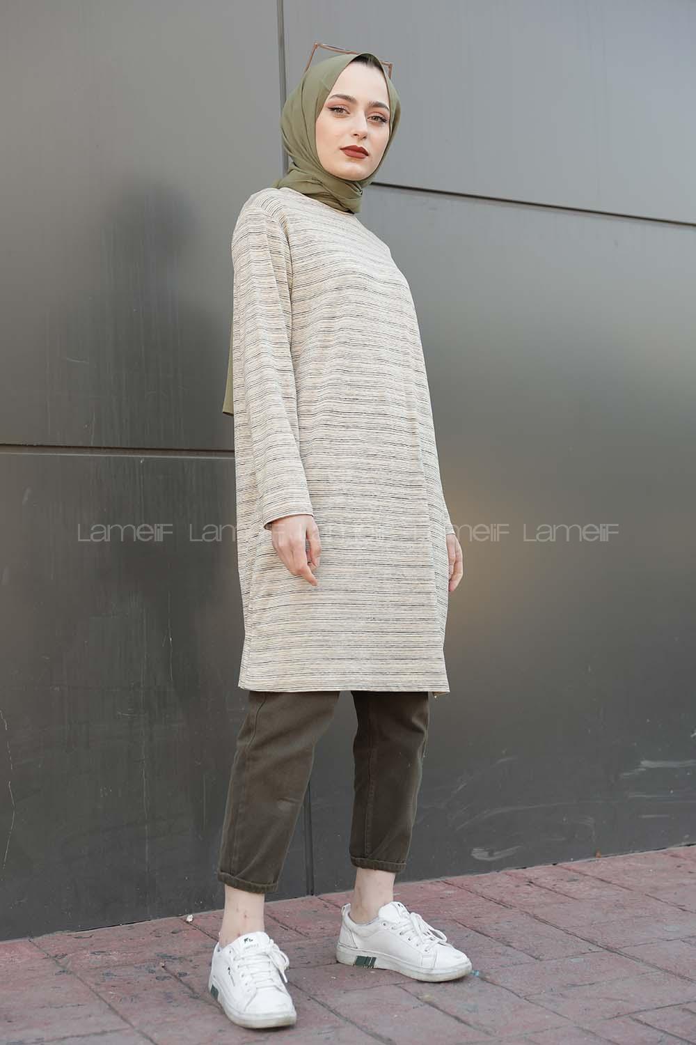 Modalamelif İnce Çizgili Tunik Bej