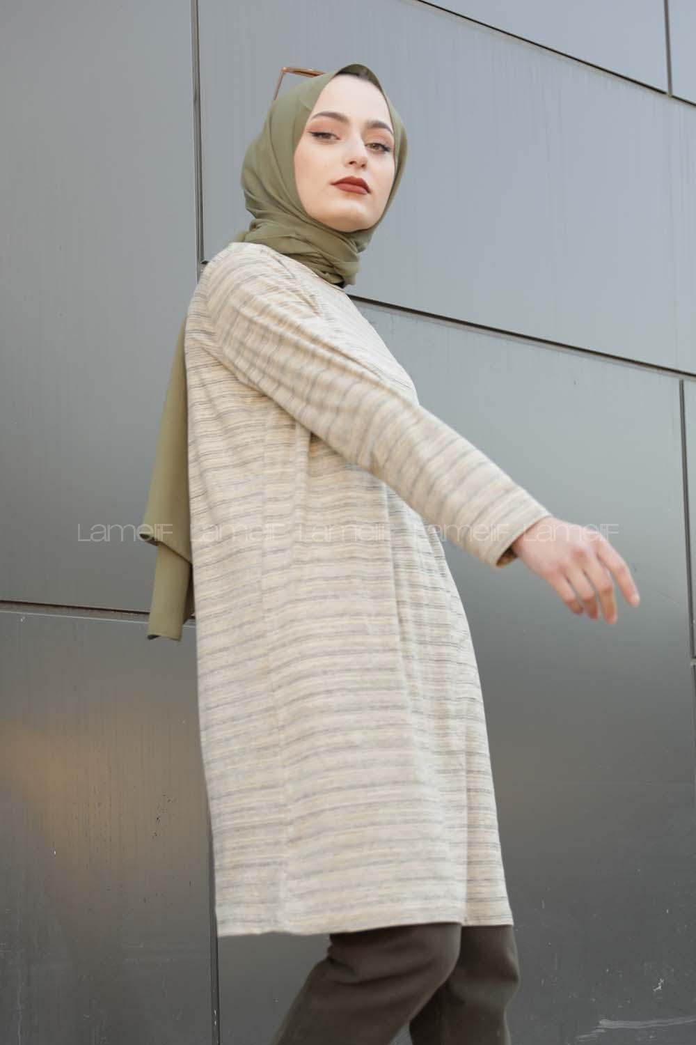 Modalamelif İnce Çizgili Tunik Bej