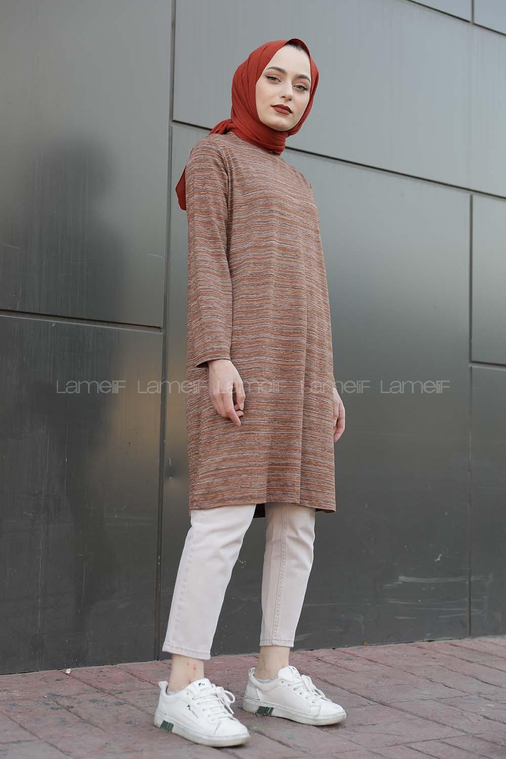 Modalamelif İnce Çizgili Tunik Kahverengi