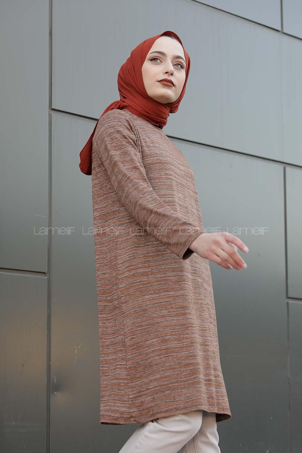 Modalamelif İnce Çizgili Tunik Kahverengi