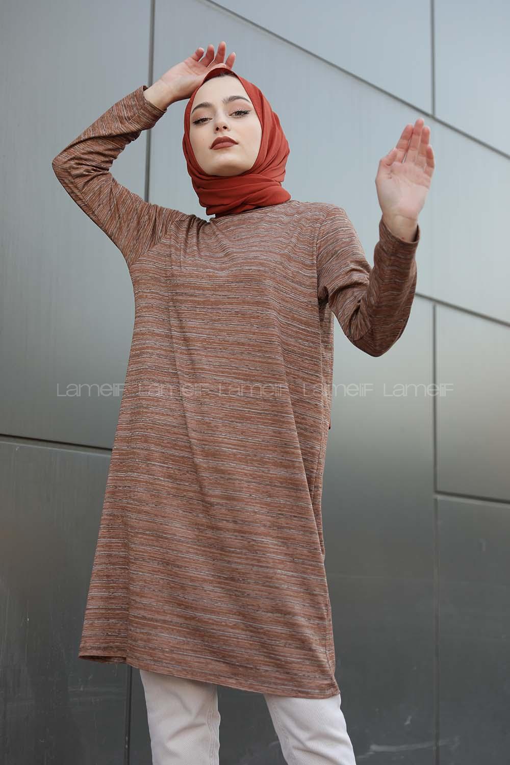 Modalamelif İnce Çizgili Tunik Kahverengi