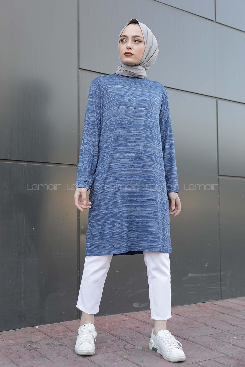 Modalamelif İnce Çizgili Tunik Mavi