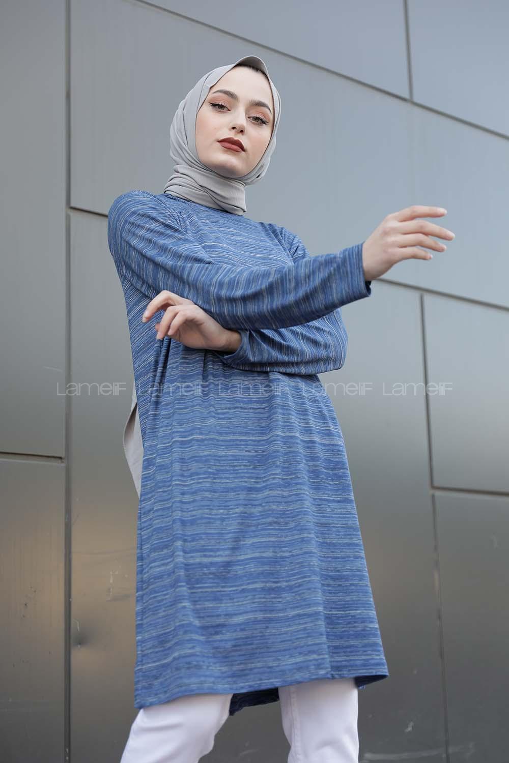 Modalamelif İnce Çizgili Tunik Mavi