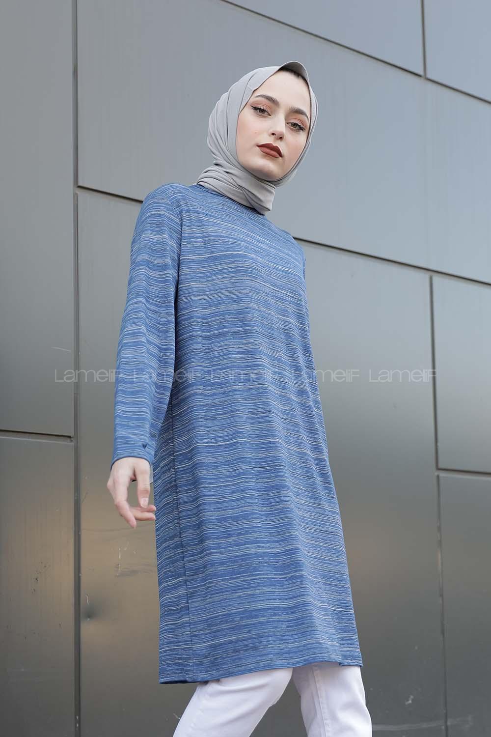 Modalamelif İnce Çizgili Tunik Mavi