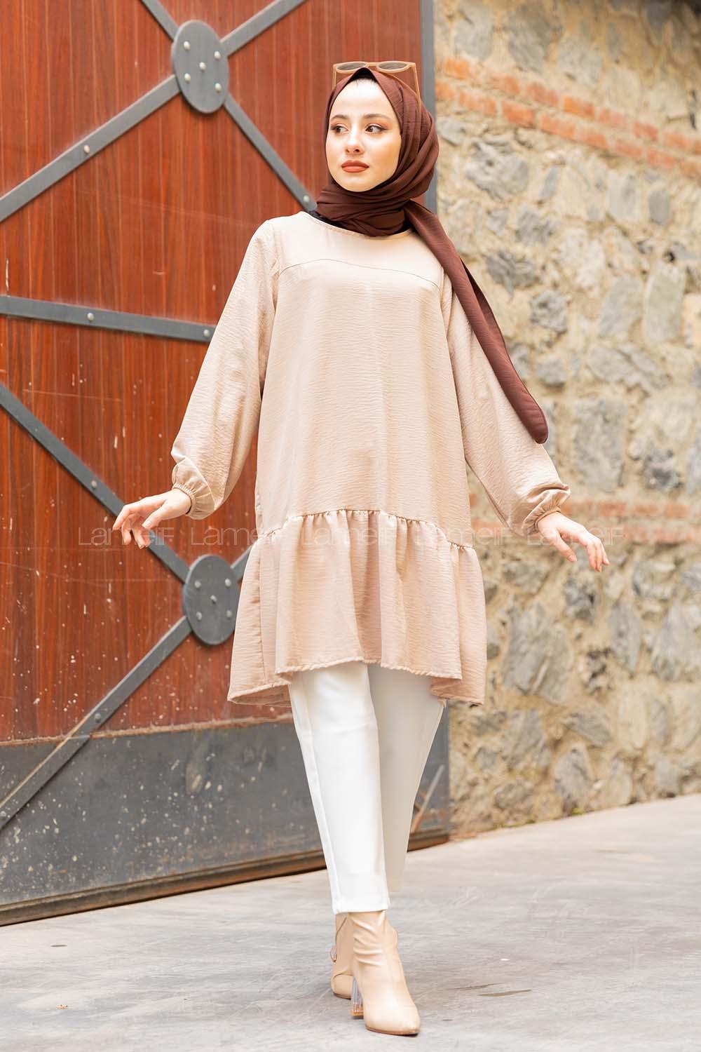 Modalamelif Kol Lastikli Eteği Fırfırlı Tunik Taş Rengi