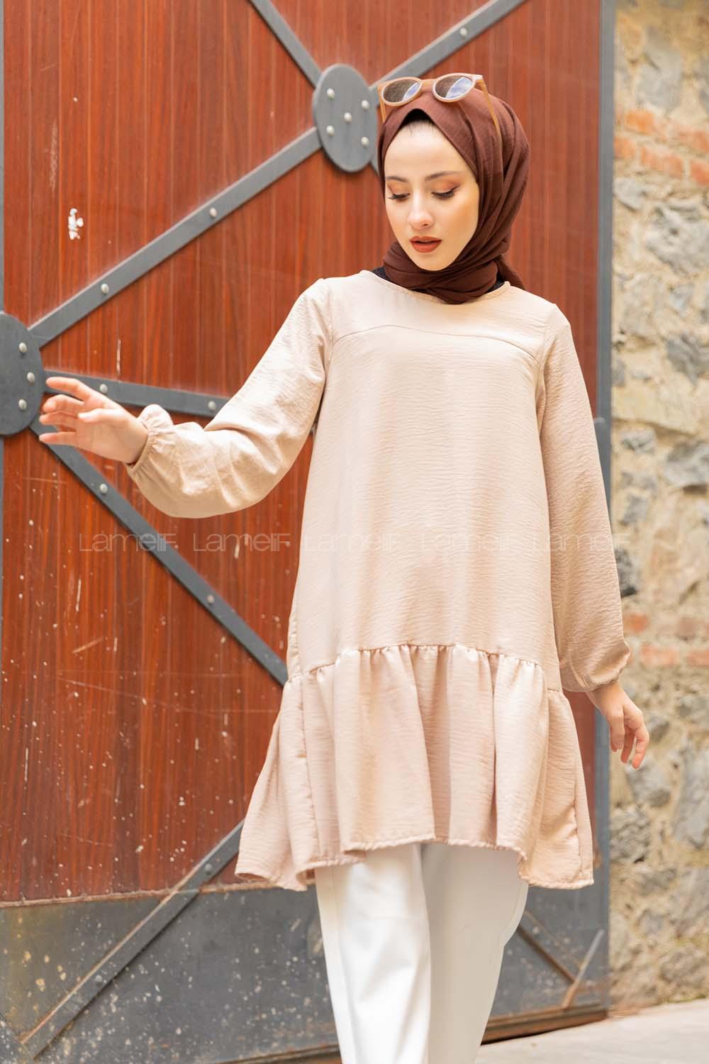 Modalamelif Kol Lastikli Eteği Fırfırlı Tunik Taş Rengi