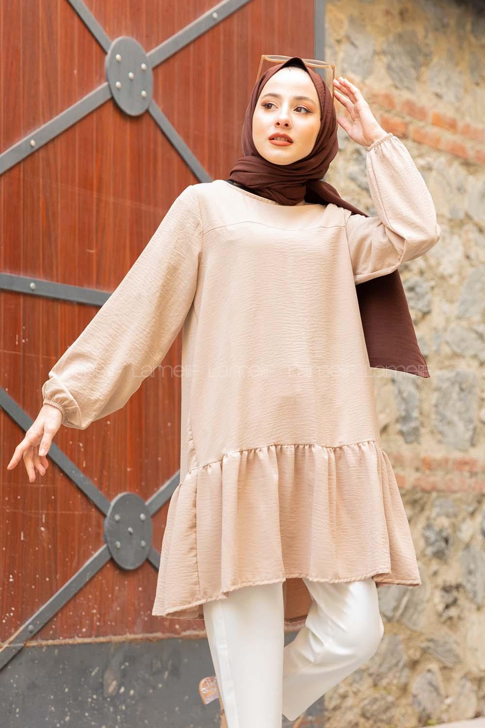 Modalamelif Kol Lastikli Eteği Fırfırlı Tunik Taş Rengi