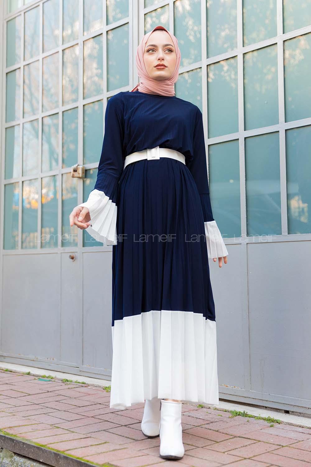 Modalamelif Lacivert Çingene Model Beyaz Geçişli Kemerli Elbise
