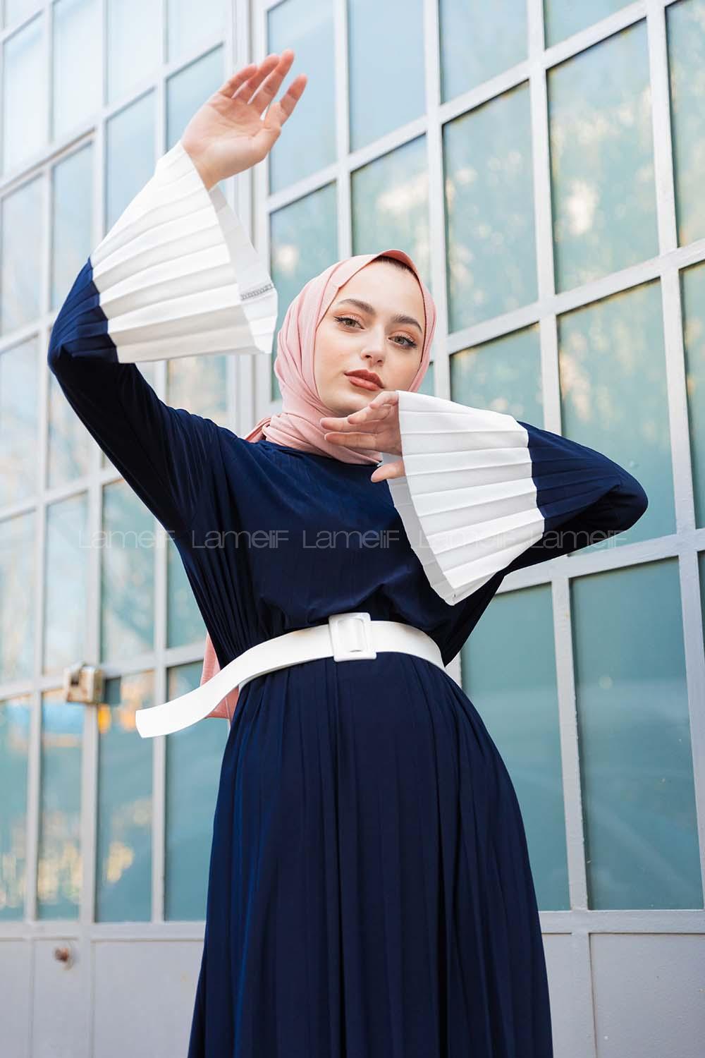 Modalamelif Lacivert Çingene Model Beyaz Geçişli Kemerli Elbise