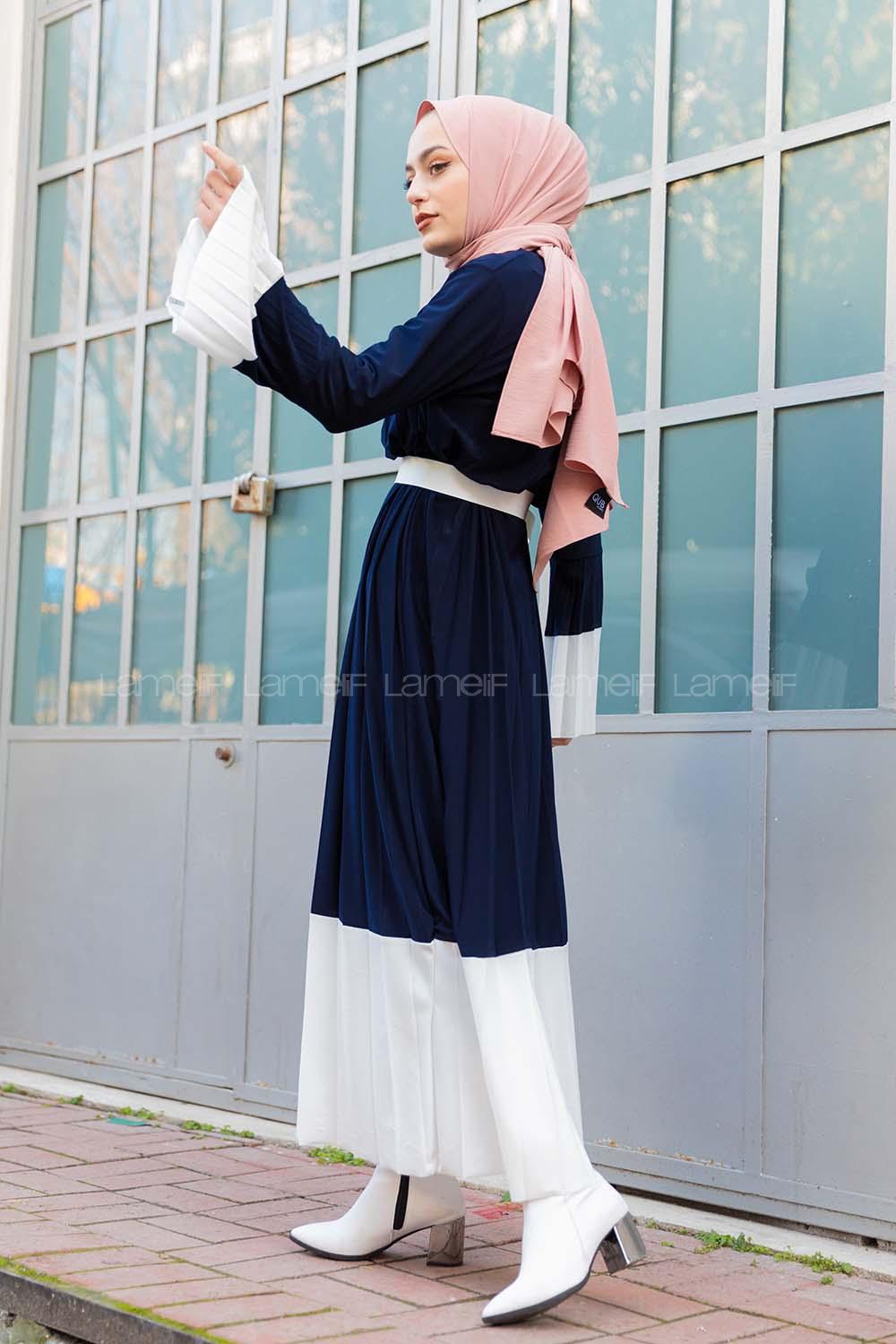 Modalamelif Lacivert Çingene Model Beyaz Geçişli Kemerli Elbise