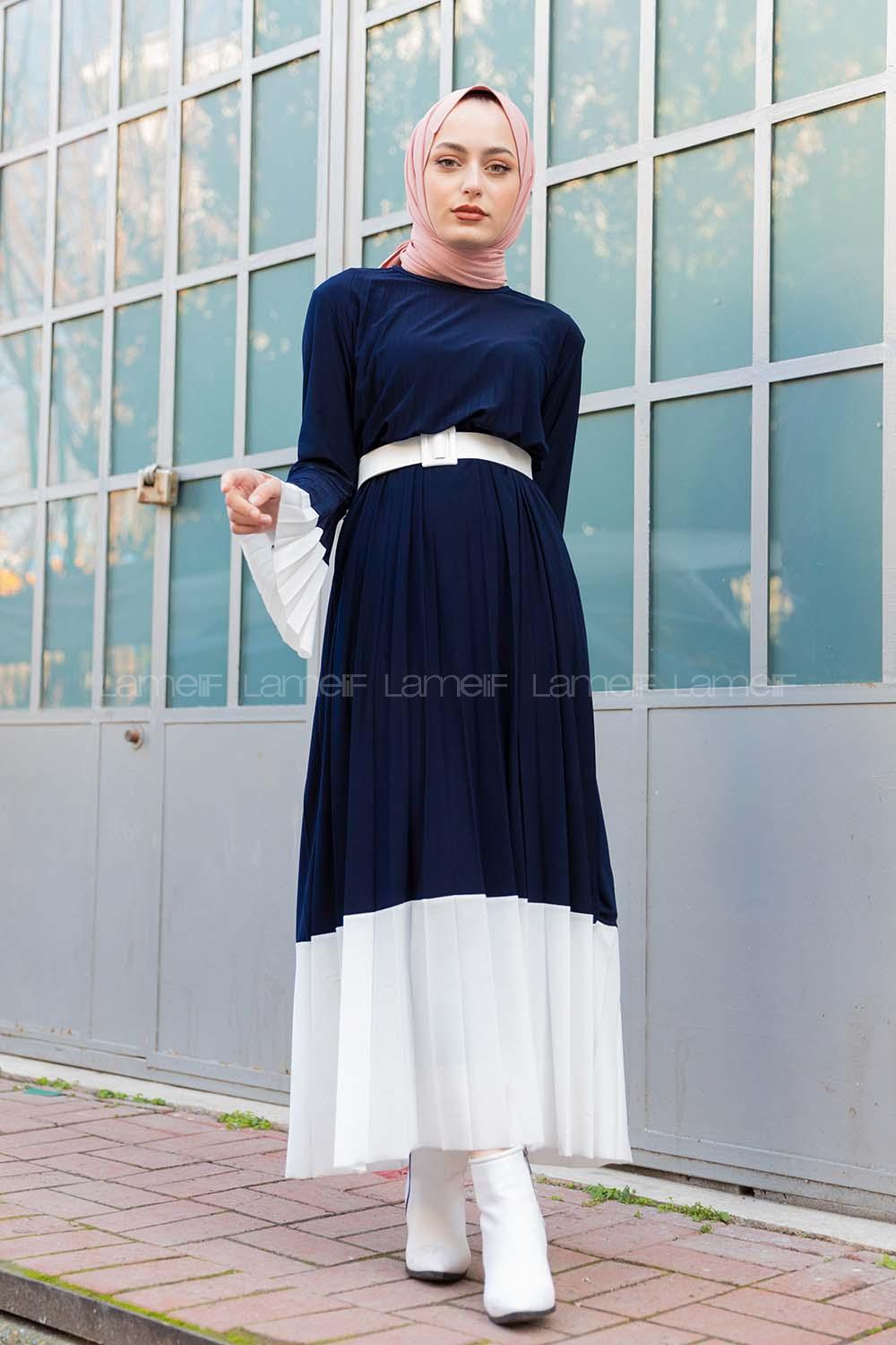 Modalamelif Lacivert Çingene Model Beyaz Geçişli Kemerli Elbise
