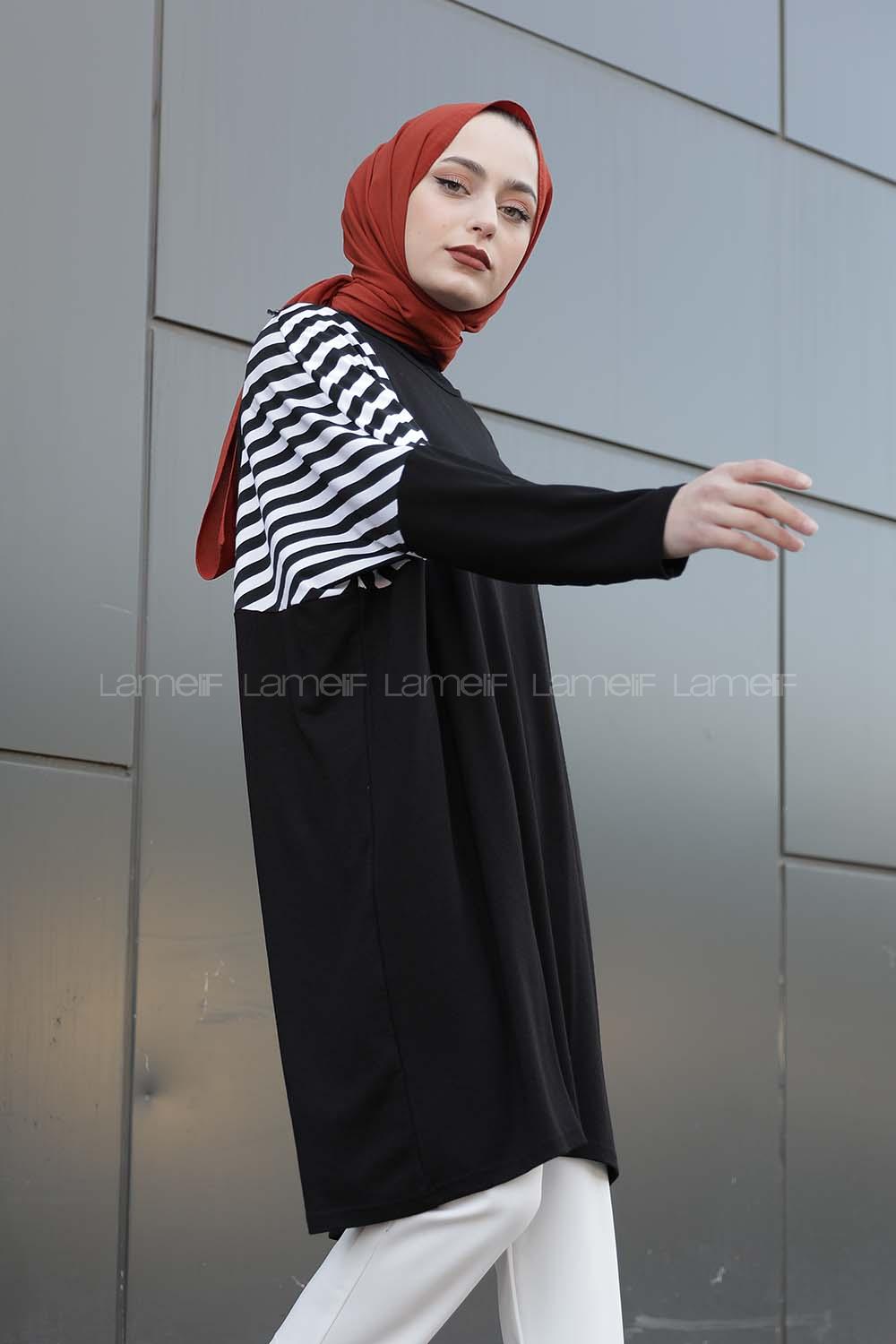 Modalamelif  Omuz Çizgili Tunik Siyah